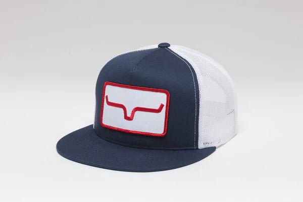 Kimes Ranch Banner Navy trucker hat front view