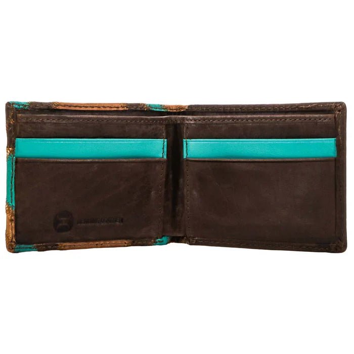 Discover "Montezuma" Front Pocket Bifold Hooey Wallet Brown/Turquoise Quality Hooey Wallet located at The Revival.