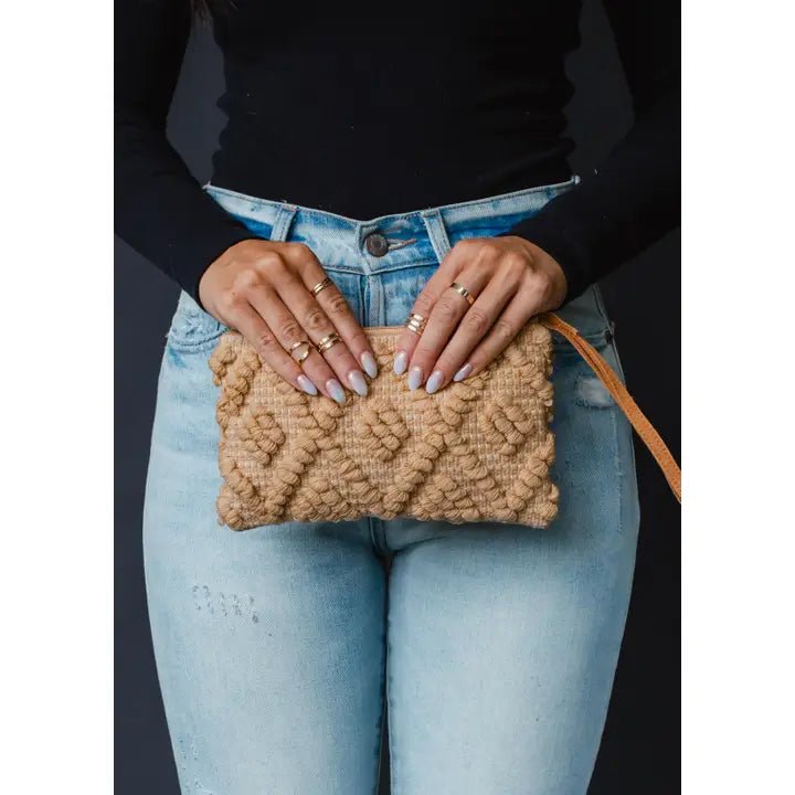 Discover Panache Apparel Co. Camel Diamond Pattern Wristlet Quality Panache Apparel Co. Wristlet located at The Revival.