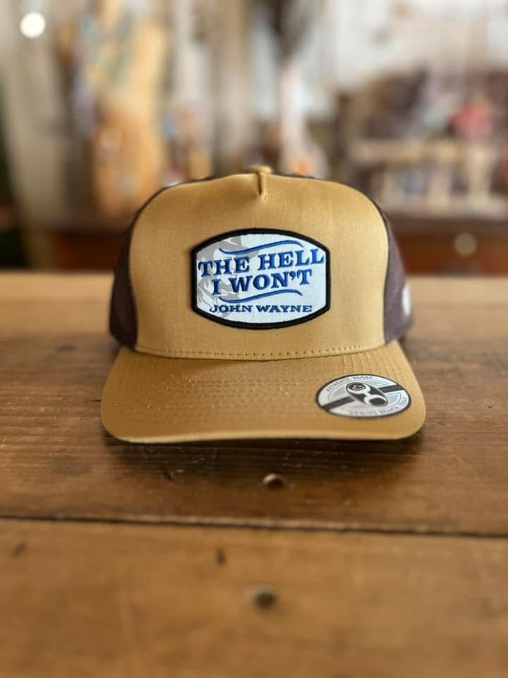 Discover Hooey "John Wayne" Hat Tan/Brown w/Blue & White Patch Quality Hooey Hats located at The Revival.