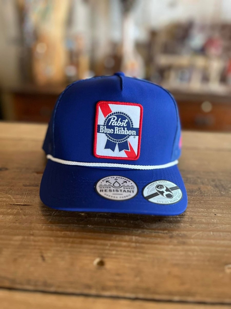 Discover Hooey "Pabst Blue Ribbon" Hat, Blue Quality Hooey Hats located at The Revival.
