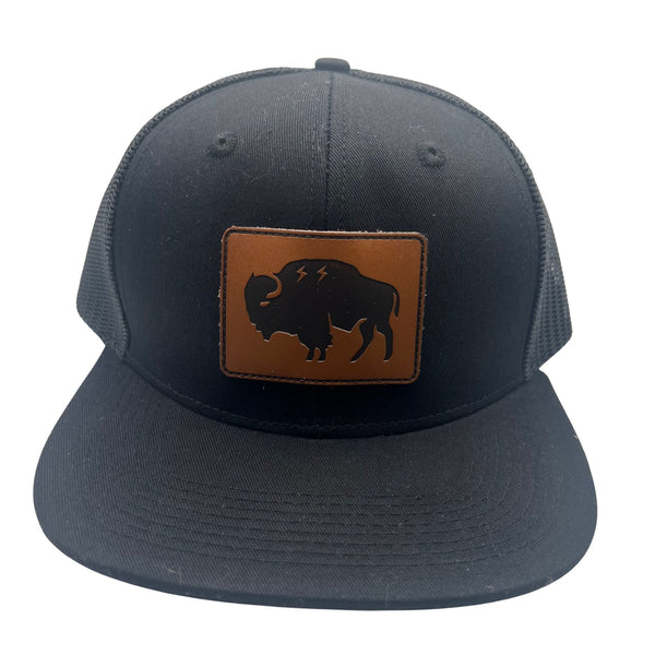 Wild Buffalo Outfitters All Black Flat Bill Snapback Hat with Leather Patch - Wild Buffalo Outfitters All Black Flat Bill Snapback Hat with Leather Patch