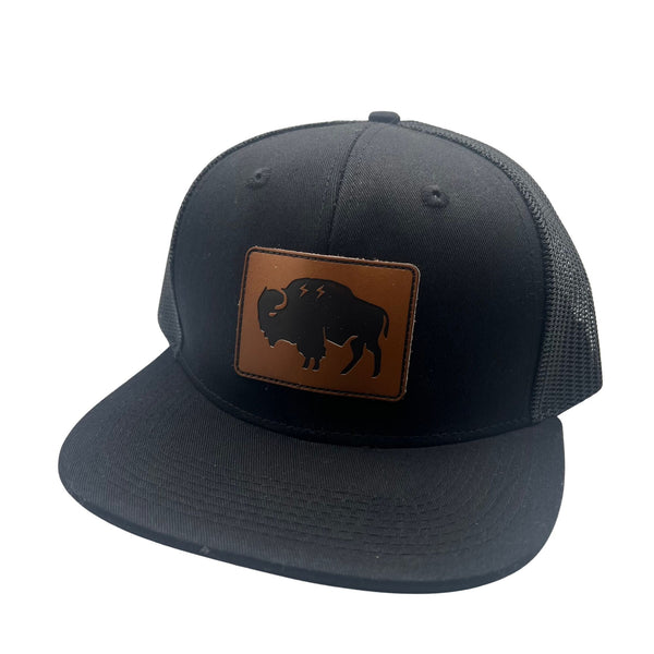 Wild Buffalo Outfitters All Black Flat Bill Snapback Hat with Leather Patch - Wild Buffalo Outfitters All Black Flat Bill Snapback Hat with Leather Patch