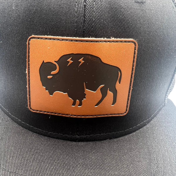 Wild Buffalo Outfitters All Black Flat Bill Snapback Hat with Leather Patch - Wild Buffalo Outfitters All Black Flat Bill Snapback Hat with Leather Patch