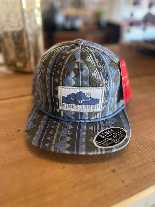 Real View of Kimes Ranch Kick Back Blue trucker hat front view