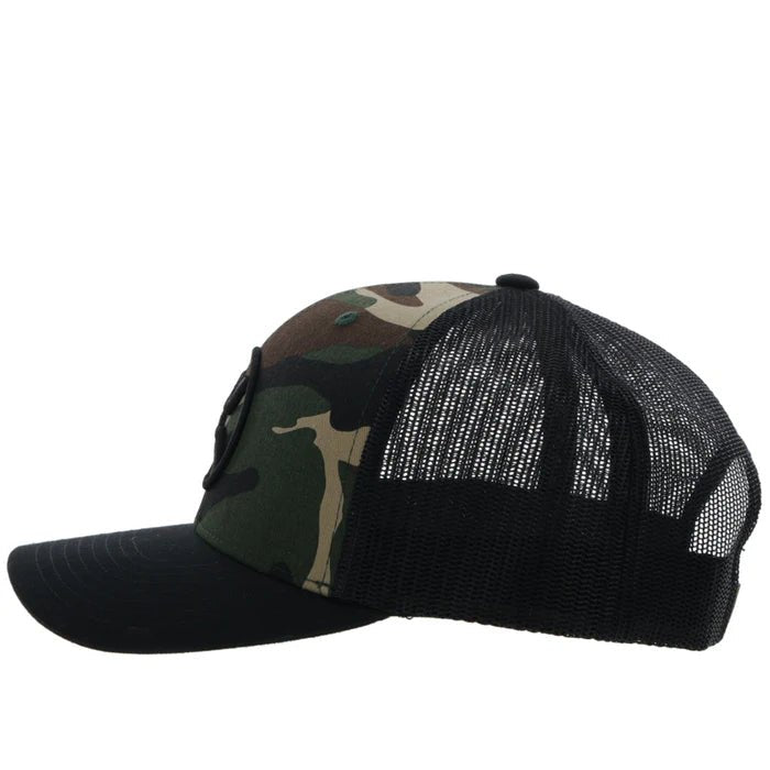 Side profile of Hooey O‑Classic Black Camo trucker hat