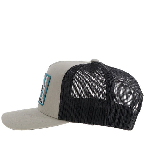 Hooey Sudan Tan Charcoal Patch Cap - Side angle of Hooey Sudan Tan Charcoal trucker hat