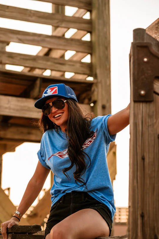 Discover Lane Frost Brand Feather T-Shirt Blue Quality Lane Frost Shirt located at The Revival.