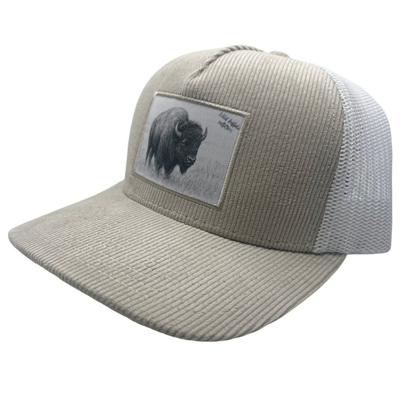 Wild Buffalo Outfitters Khaki Corduroy Trucker Hat with Buffalo Patch - Wild Buffalo Outfitters Khaki Corduroy Trucker Hat with Buffalo Patch