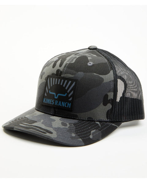 Kimes Ranch Good Day Camo Trucker Hat - Front View of Kimes Ranch Good Day Black Camo Trucker Cap