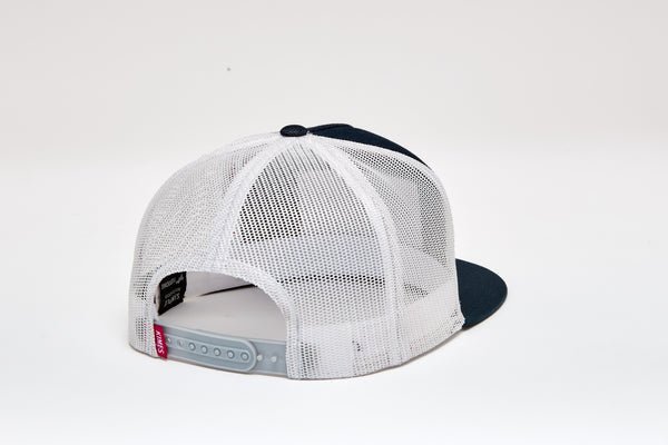 Back view of Kimes Ranch Banner denim snapback