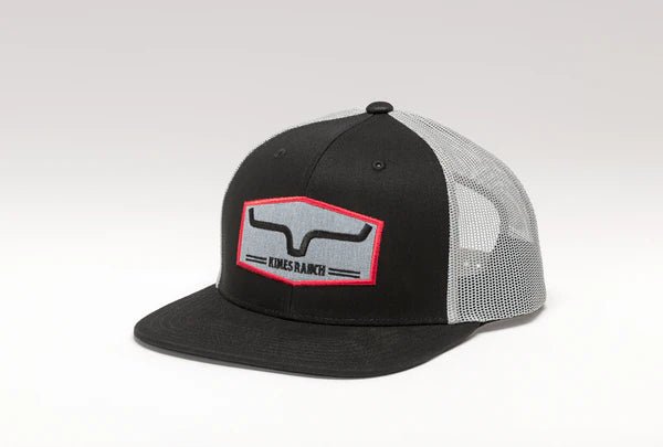 Kimes Ranch Replay Black Trucker Cap in Black and Grey front view