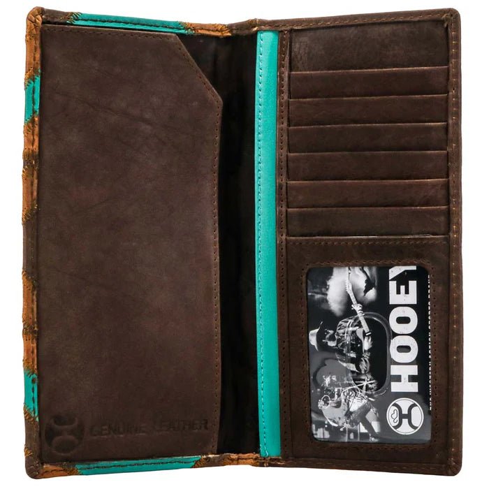 Discover "Montezuma" Rodeo Hooey Wallet Brown/Turquoise w/ Patchwork Quality Hooey Wallet located at The Revival.