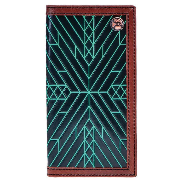 Discover "Neon Moon" Rodeo Roughy Wallet Black/ Brown w/ Turquoise Aztec Quality Hooey Wallet located at The Revival.