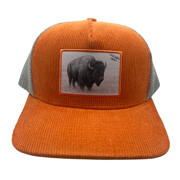 Wild Buffalo Outfitters Orange Corduroy Buffalo Trucker Hat - Front view of Wild Buffalo Outfitter Orange Corduroy Trucker Hat with Buffalo Patch