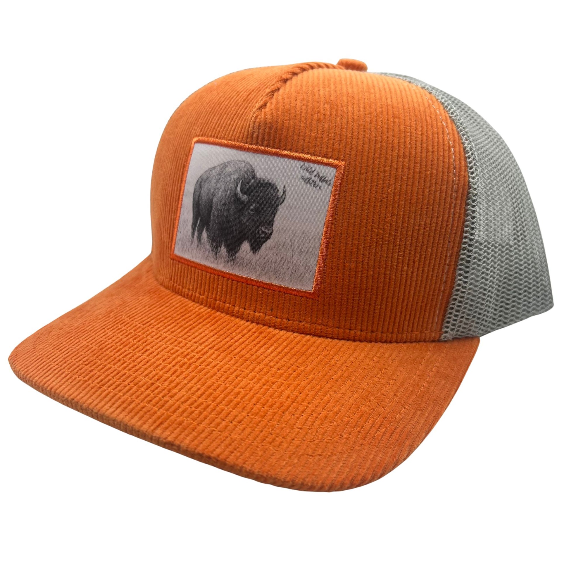 Front Angle view of Wild Buffalo Outfitter Orange Corduroy Trucker Hat with Buffalo Patch