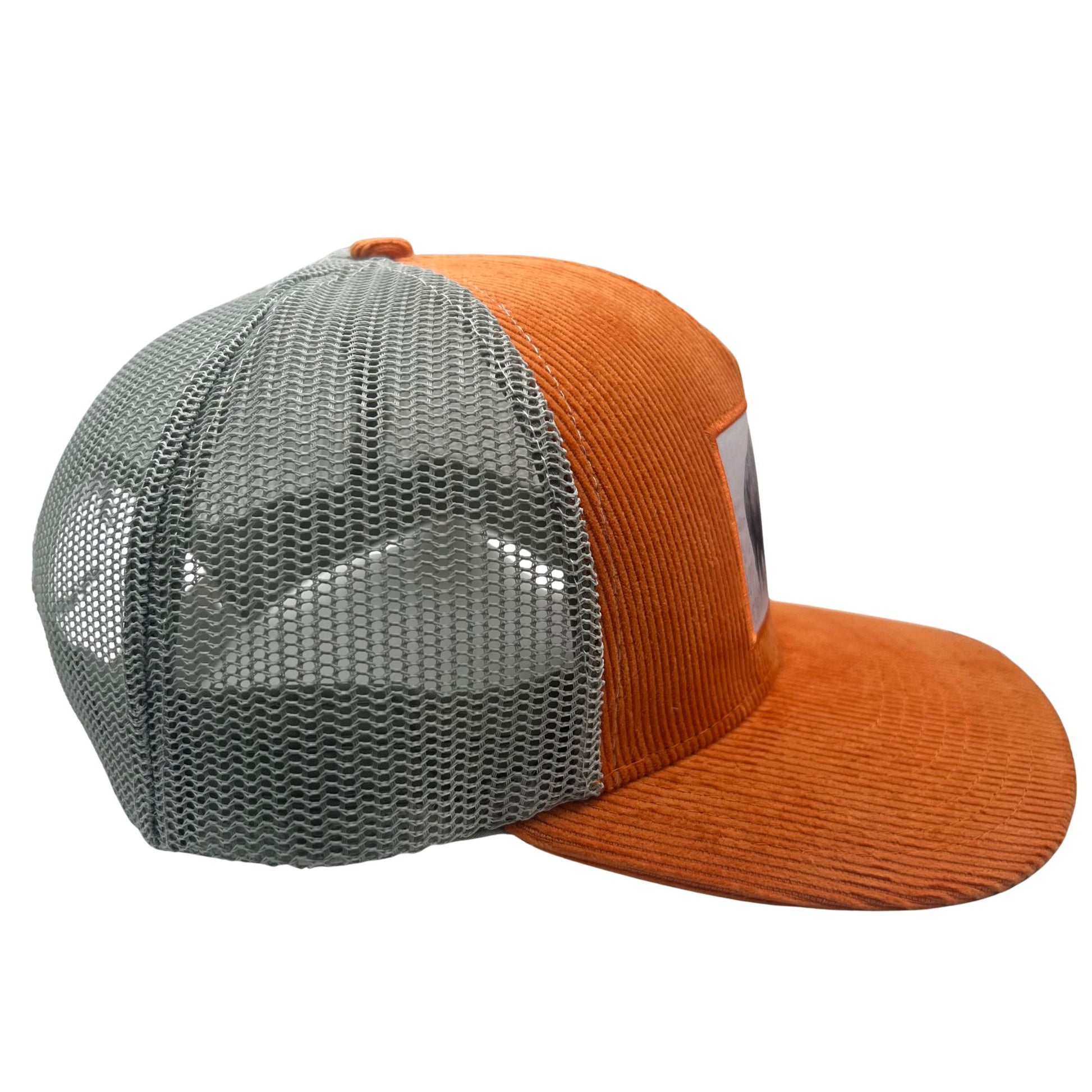 Right Side View of Wild Buffalo Outfitter Orange Corduroy Trucker Hat with Buffalo Patch