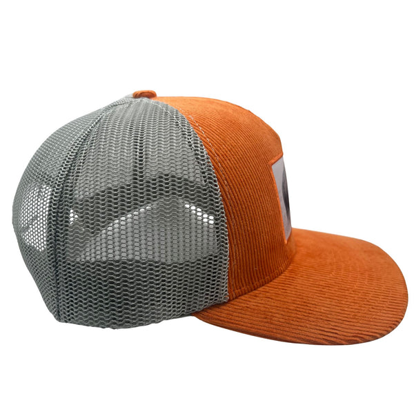 Wild Buffalo Outfitters Orange Corduroy Buffalo Trucker Hat - Right Side View of Wild Buffalo Outfitter Orange Corduroy Trucker Hat with Buffalo Patch
