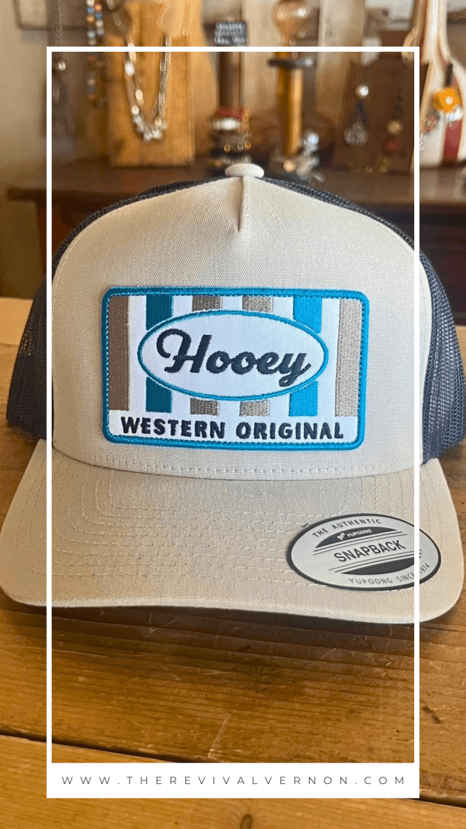 Styled Hooey Sudan Tan Charcoal Patch hat with casual outfit