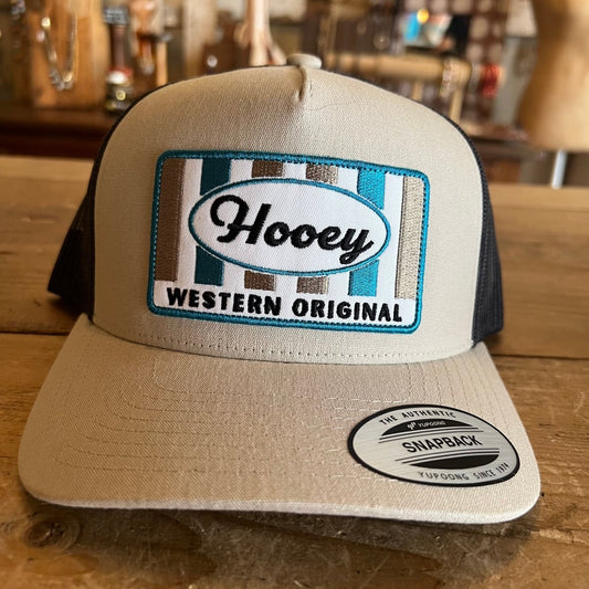 Styled Hooey Sudan Tan Charcoal Patch hat with casual outfit