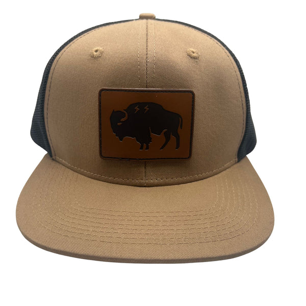 Wild Buffalo Outfitters Tan & Black Flat Bill Snapback Hat with Leather Patch - Wild Buffalo Outfitters Tan & Black Flat Bill Snapback Hat with Leather Patch