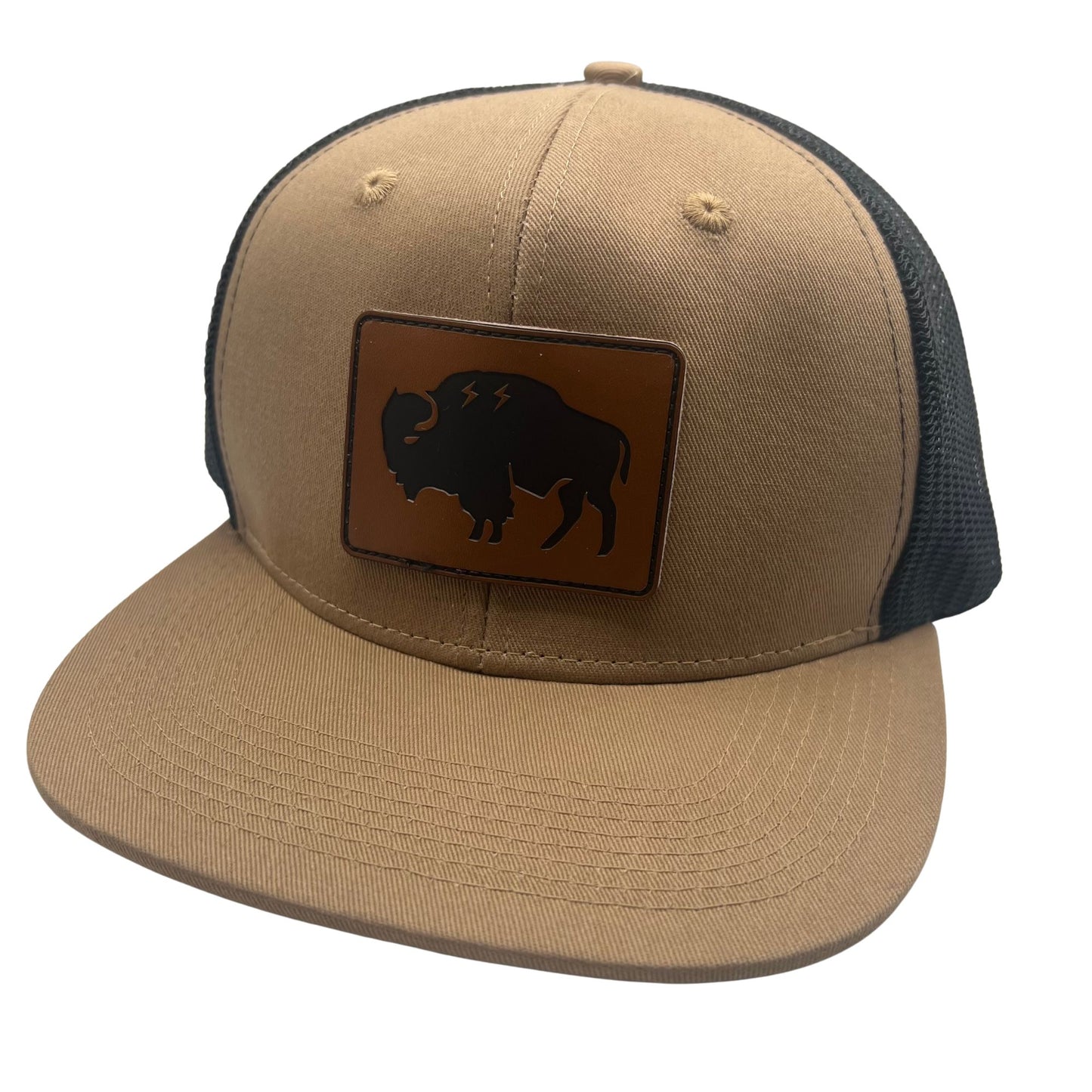 Wild Buffalo Outfitters Tan & Black Flat Bill Snapback Hat with Leather Patch