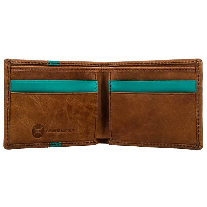 Discover "Tonkawa" Bifold Tan w/Turquoise Aztec Quality Hooey Wallet located at The Revival.