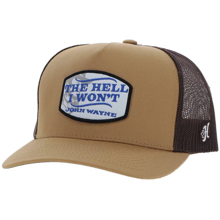Discover Hooey "John Wayne" Hat Tan/Brown w/Blue & White Patch Quality Hooey Hats located at The Revival.