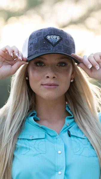 Hooey Rope Like A Girl Black/White Patch & Purple Tinted Bandana Printed Hat SKU: 2349T-BKWH - Discover Hooey Rope Like A Girl Black/White Patch & Purple Tinted Bandana Printed Hat 2349T-BKWH Hooey Hats at The Revival.